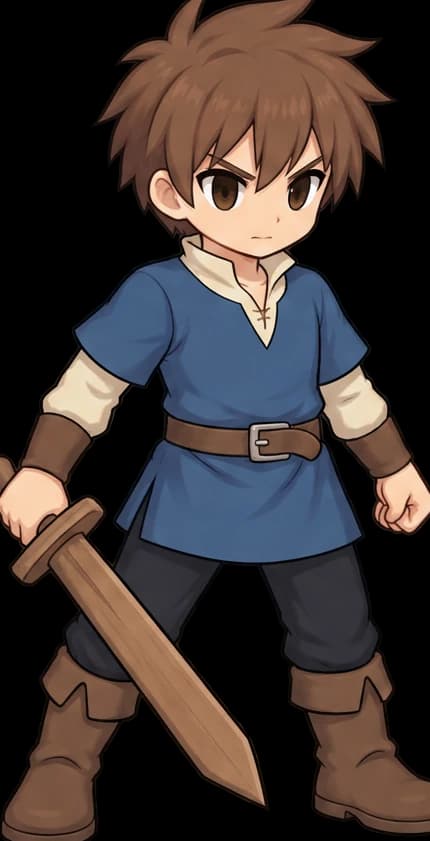 Rookie at level 1 with Wooden Sword and Cotton Tunic