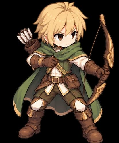 The Sniper: a green hooded cloak, drawing a carved bow