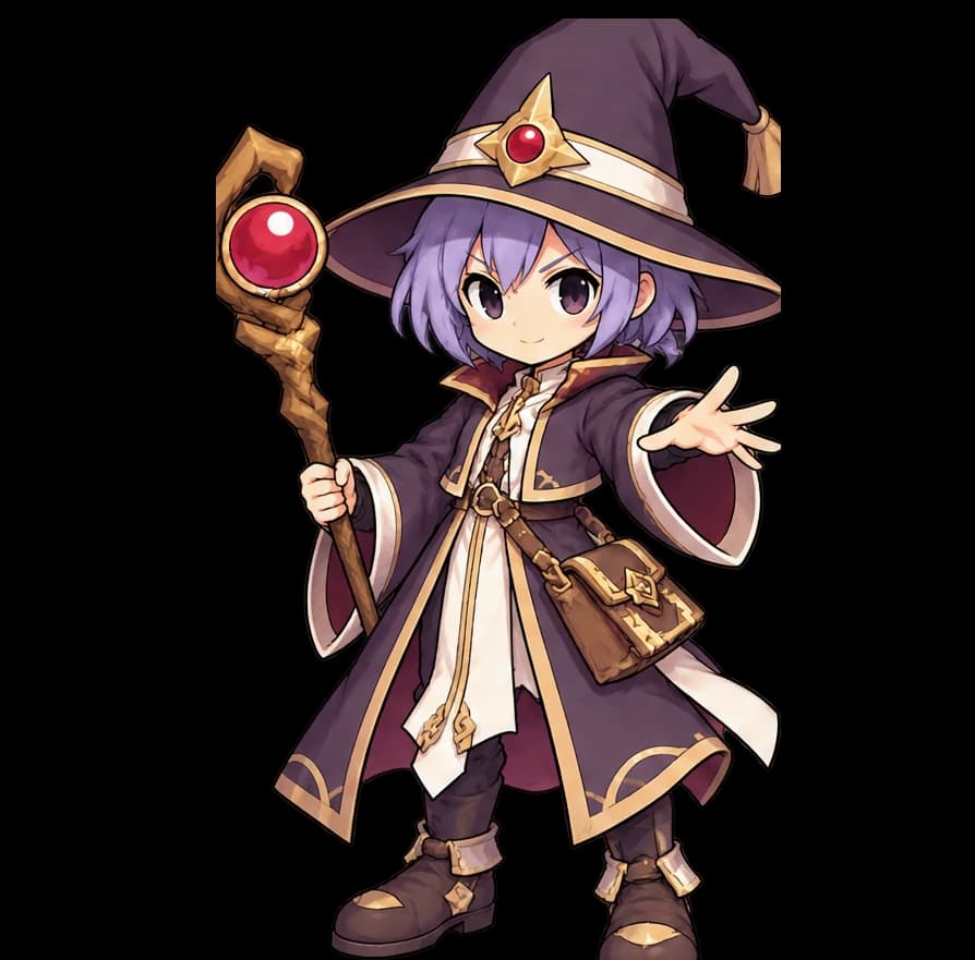 A young Wizard with lavender hair, a wide purple hat and a staff with a glowing red orb, casting a spell