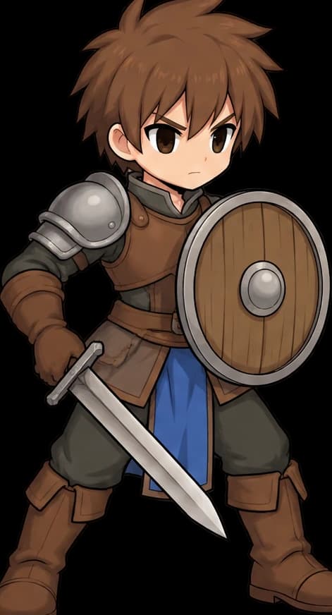 Mia's hero, a Swordsman with an Iron Sword, a Leather Vest and a round shield