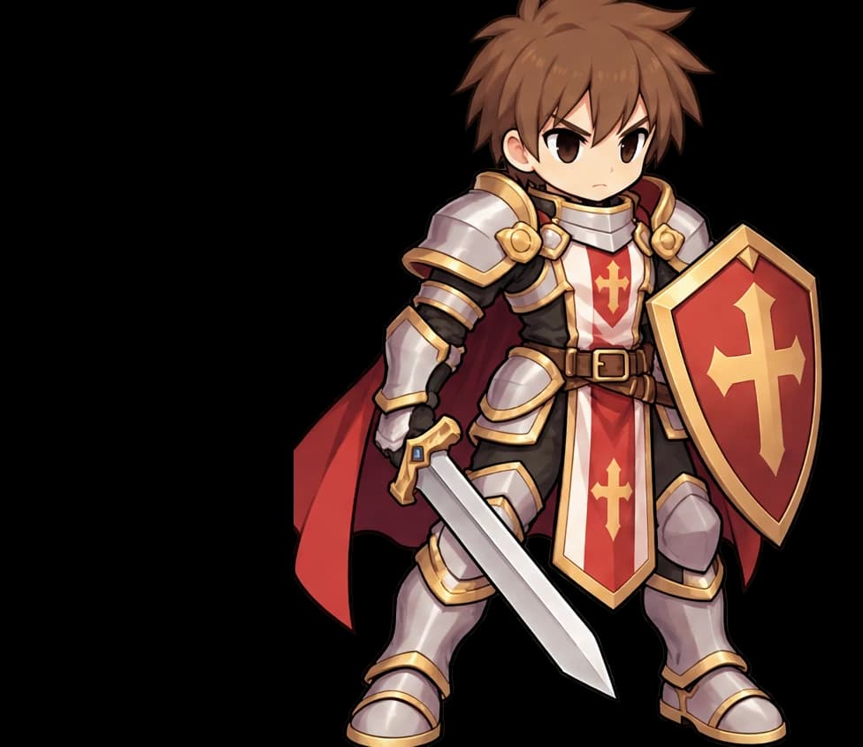 Leo the Knight in gold-trimmed plate armour and a red cape, holding a sword and a red cross shield